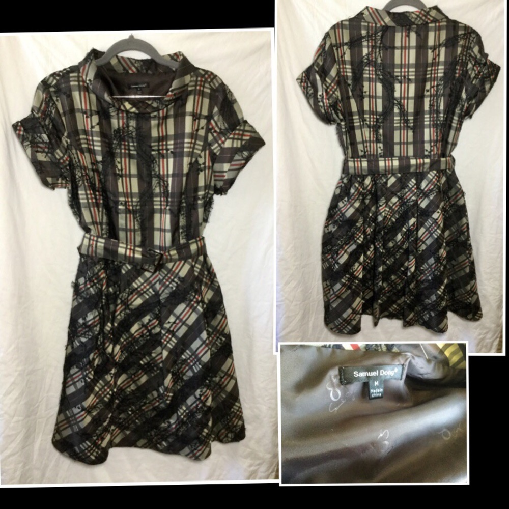 Samuel Dong plaid pleat Shift Dress Sz M